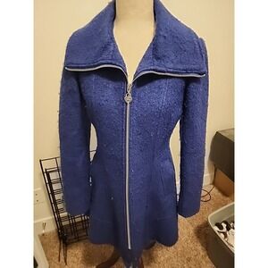Guess‎ Womens Blue Wool Blend Winter Trench Over Coat Jacket Full Zip Sz. M